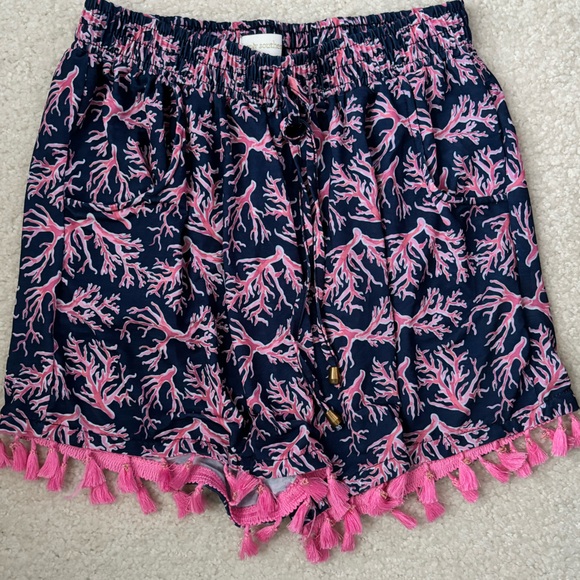Simply Southern Navy and Pink Coral Lounge Shorts with Tassels - Picture 2 of 3